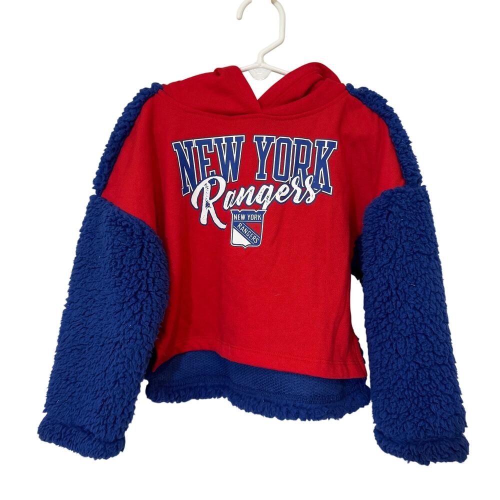 New York Rangers Fleece Hoodie XS (4/5) NHL Red Blue Sherpa Sleeve Pullover NWT
